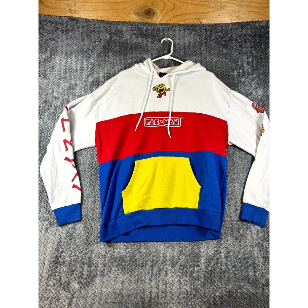 Vintage Pac-Man Hoodie Mens Large Colorblock Graphic Retro Gaming Sweatshirt